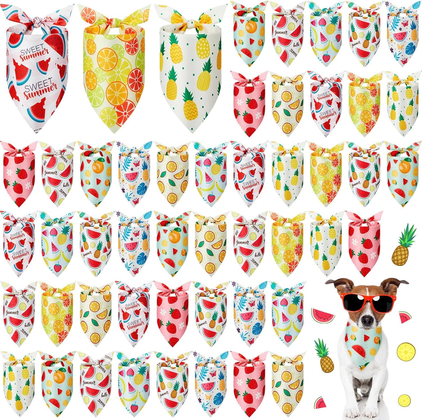 Weewooday 50 Pcs Fruit Dog Bandanas Bulk for Dogs Soft Bibs Adjustable Triangle pet Bandana for Small Medium Large Costume(Fruits Pattern, 31.5 x 21.7 x21.7 Inch)