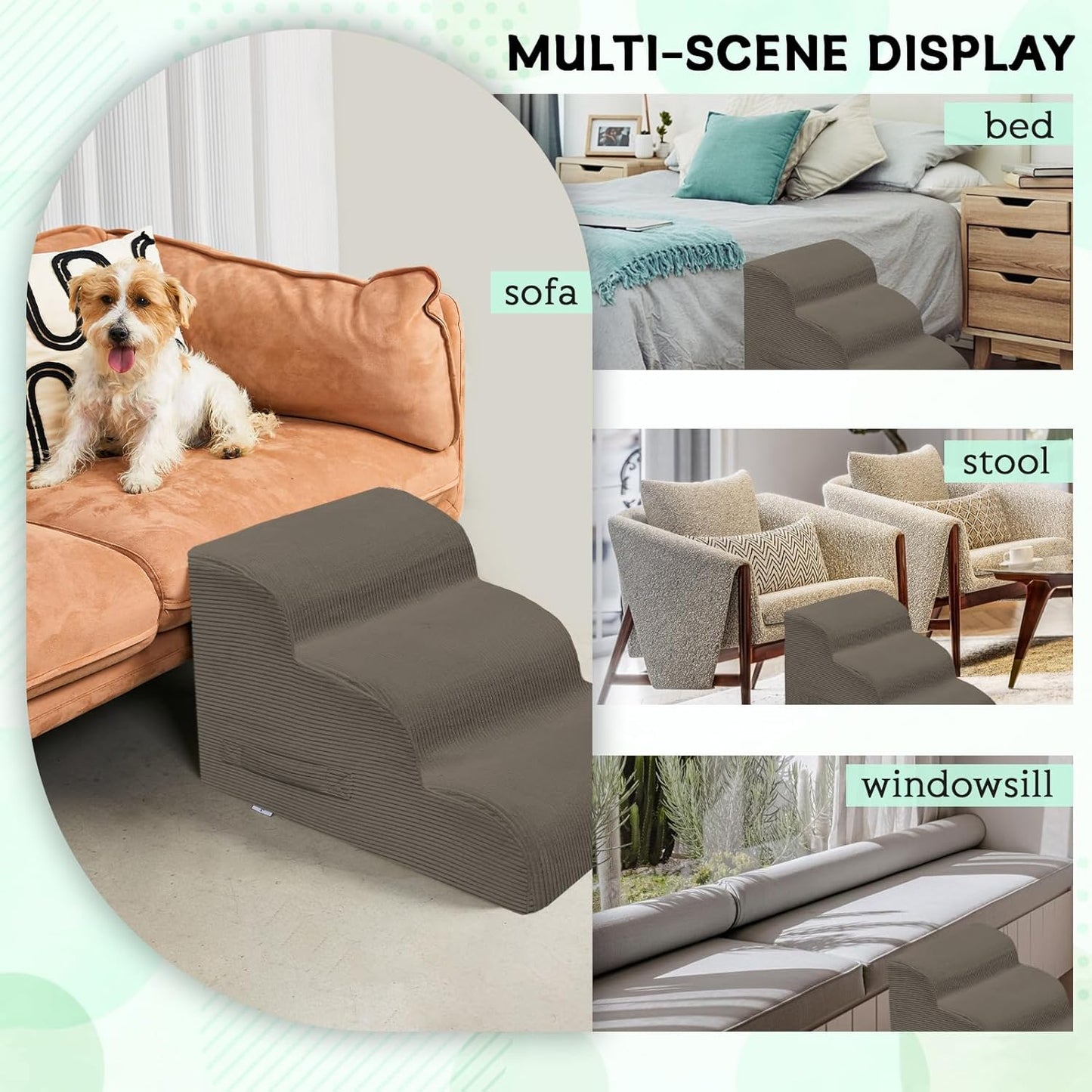 Dog Steps for Small Dogs, 3-Step Pet Ramp Stairs for High Beds and Sofa, Non-Slip Pet Stairs for Small Dogs and Cats, Removable and Easy to Clean Cover, Light Brown