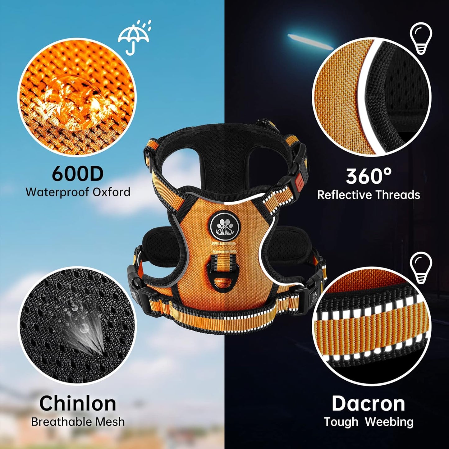 NESTROAD No Pull Dog Harness,Adjustable Oxford Dog Vest Harness with Leash,Reflective No-Choke Pet Harness with Easy Control Soft Handle for Small Medium Dogs(Medium,Orange)