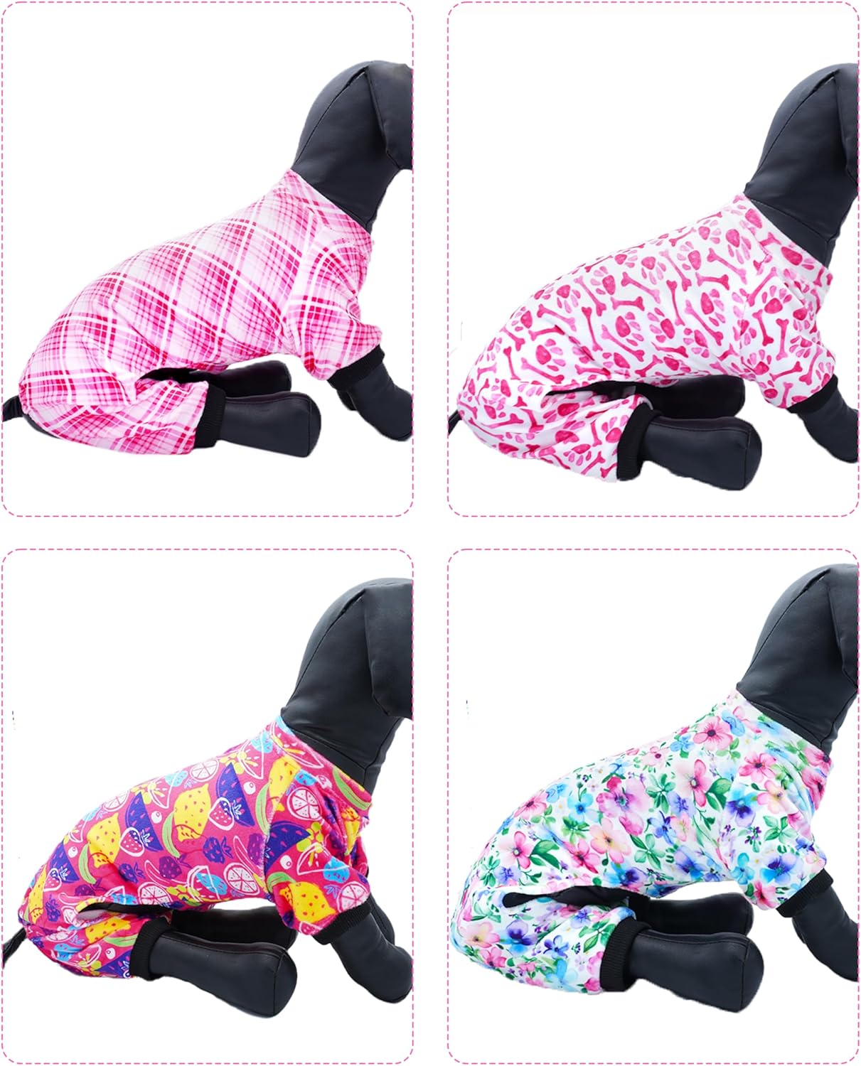 PET SHOW 4 Pack Small Dog Pajamas Cute Paw Bone Clothes for Medium Dogs Soft Stretchy PJs Plaid Jumpsuit Puppy Cats Floral Fruits Onesies Outfits with Sleeve Pets Dachshund Costume(S, Pink for Girls)