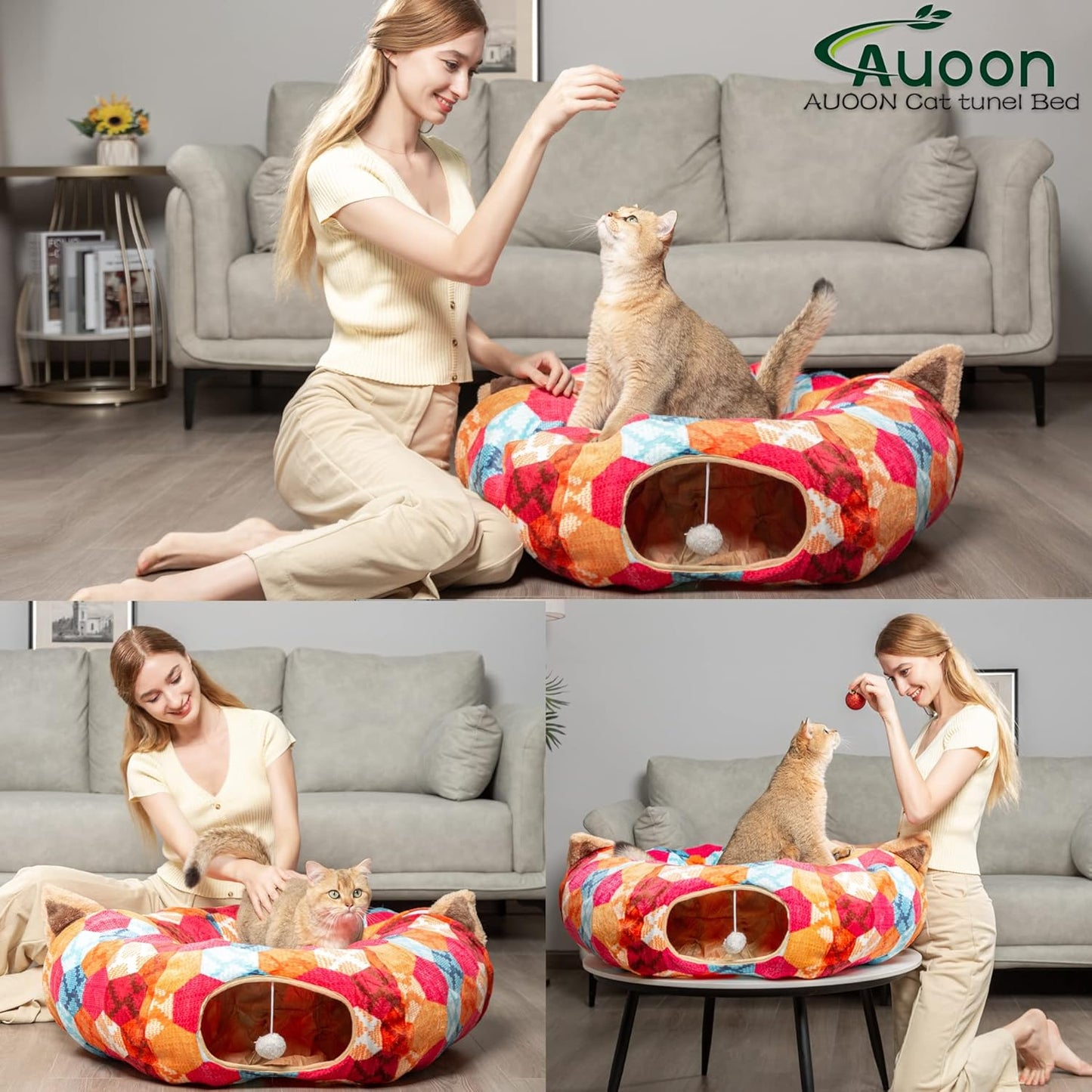 AUOON Cute Cat Donut Tunnel - Interactive Cat Tunnel Bed for Indoor Cats Kitten Kitty Puppy Rabbit Ferret (Orange)