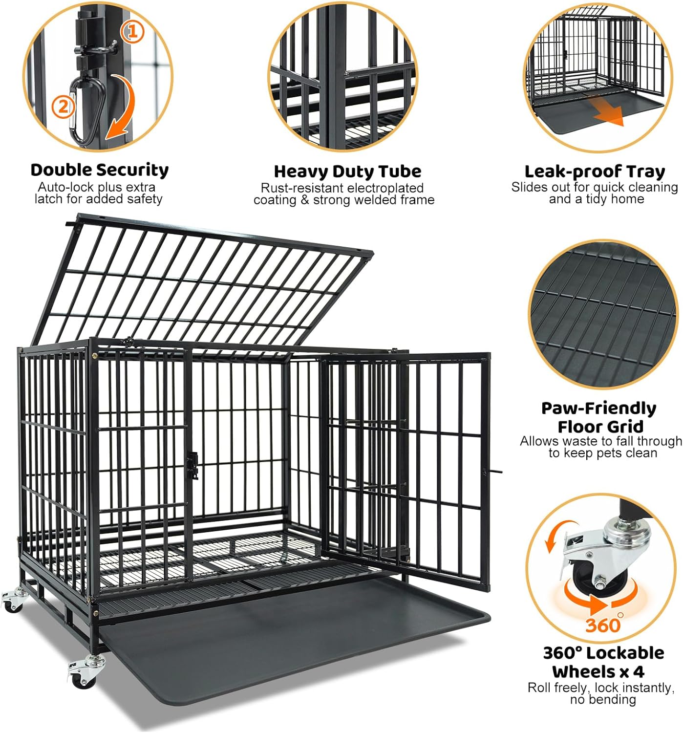Stackable 36 Inch Dog Crate, Heavy Duty Indestructible Cage Escape Proof Collapsible Kennel with Open Top, Lockable Wheels, Removable Tray & Metal Grid for High Anxiety Medium/Small Dogs
