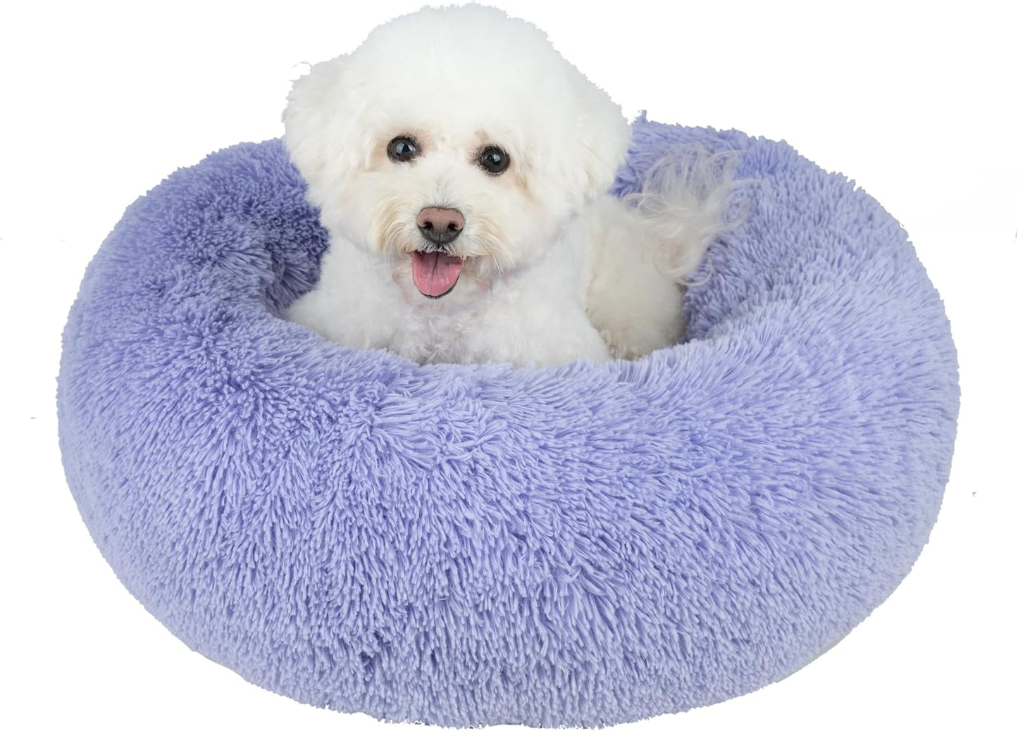Best Pet Supplies Round Donut Dog Bed with Plush Faux Fur Fabric, Calming, Anti-Anxiety Cushion for Indoor Pets, Slip-Resistant Base, Soft Ergonomic Support - Lavender, 27x27x7.5''
