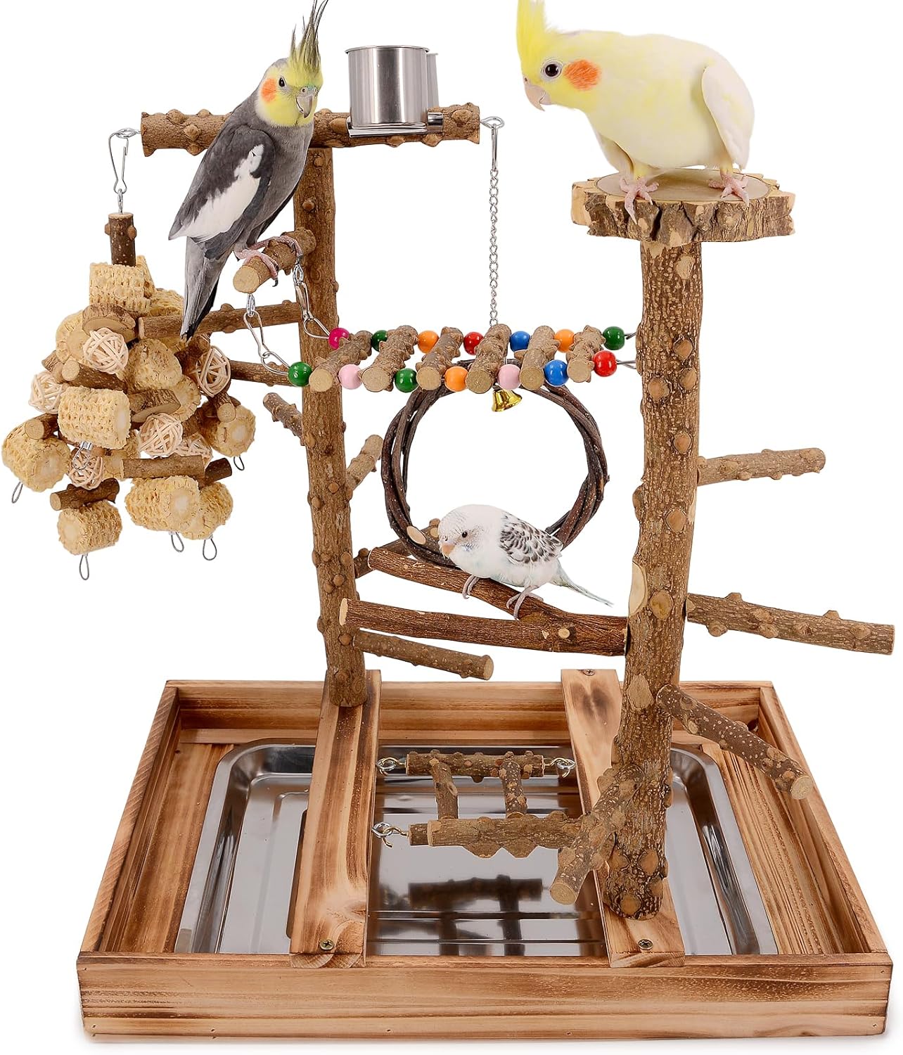 Bird Playground - Natural Wood Bird Perch Stand with Removable Tray and 2 Stainless Steel Cups