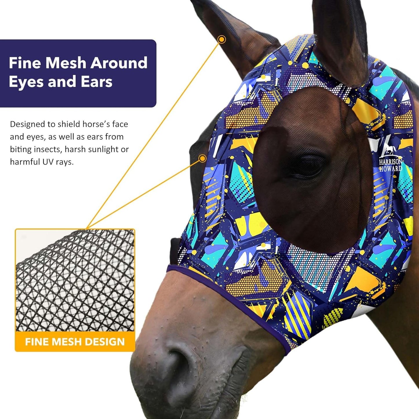 Harrison Howard Super Comfort Stretchy Fly Mask Large Eye Space with UV Protection Soft on Skin with Breathability Graffiti Mix M Cob