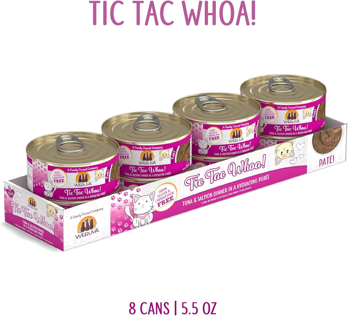 Weruva Wet Cat Food, Tic Tac Whoa with Tuna and Salmon Pate, 5.5oz Can, Pack of 8