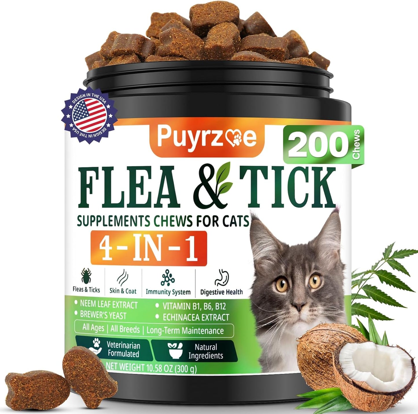 4-in-1 Flea Treatment for Cats Chewable, Natural Cat Flea and Tick Prevention Chewable Supplement for Skin & Coat | Immunity Support | Digestive | Flea & Tick Treatment for All Breeds & Sizes