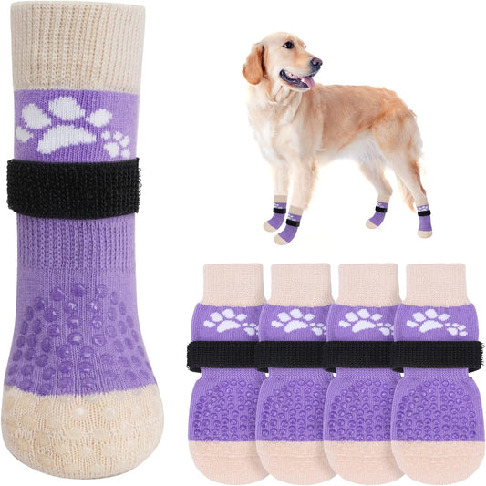 SCENEREAL Anti Slip Dog Sock to Prevent Licking Paws for Hardwood Floors, Boots & Paw Protector Shoes for Hot/Cold Pavement with Grippers, Double Sides Grips for Small Medium Large Senior Dogs, L