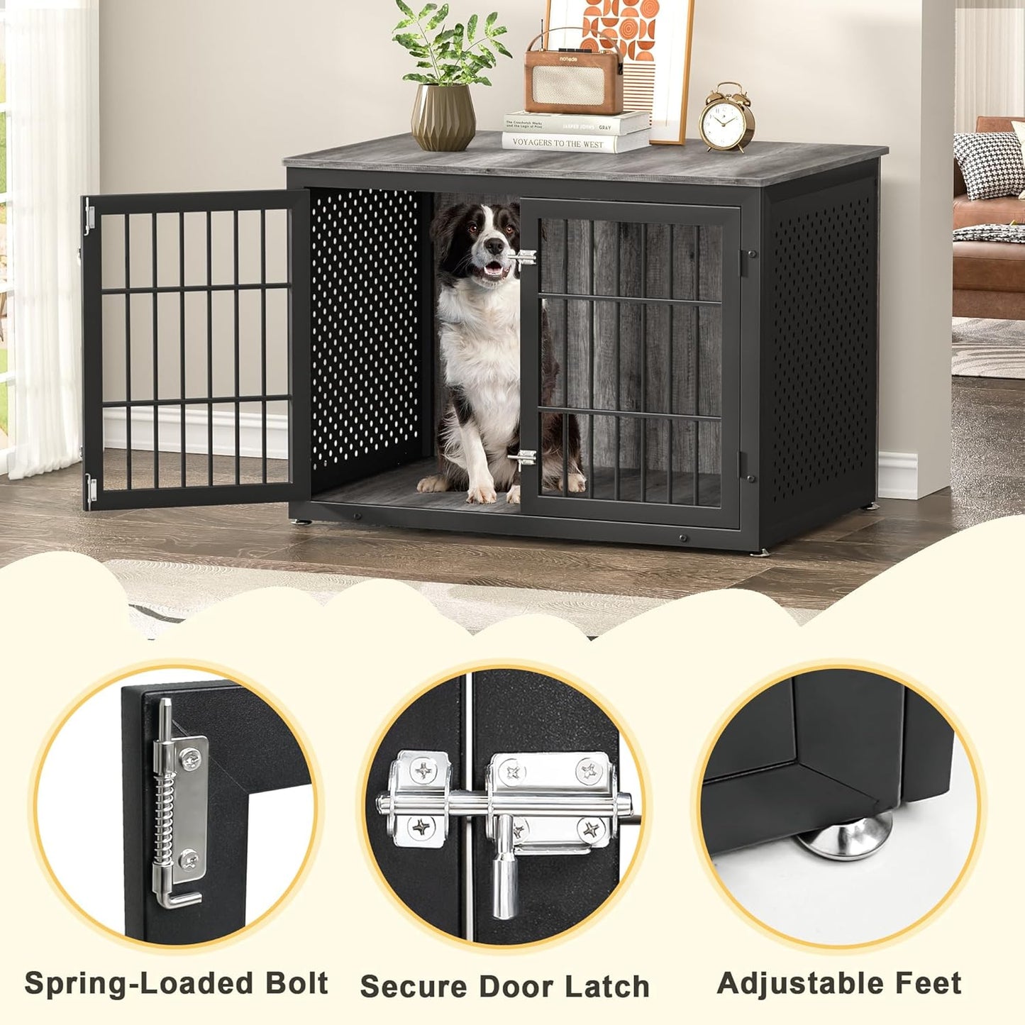 42" Heavy Duty Dog Crate Furniture for Large and Medium Dogs, Enclosed Design Wooden Metal Kennel, Pet Cage Furniture Indoor, Decorative Dog Kennel, End Table