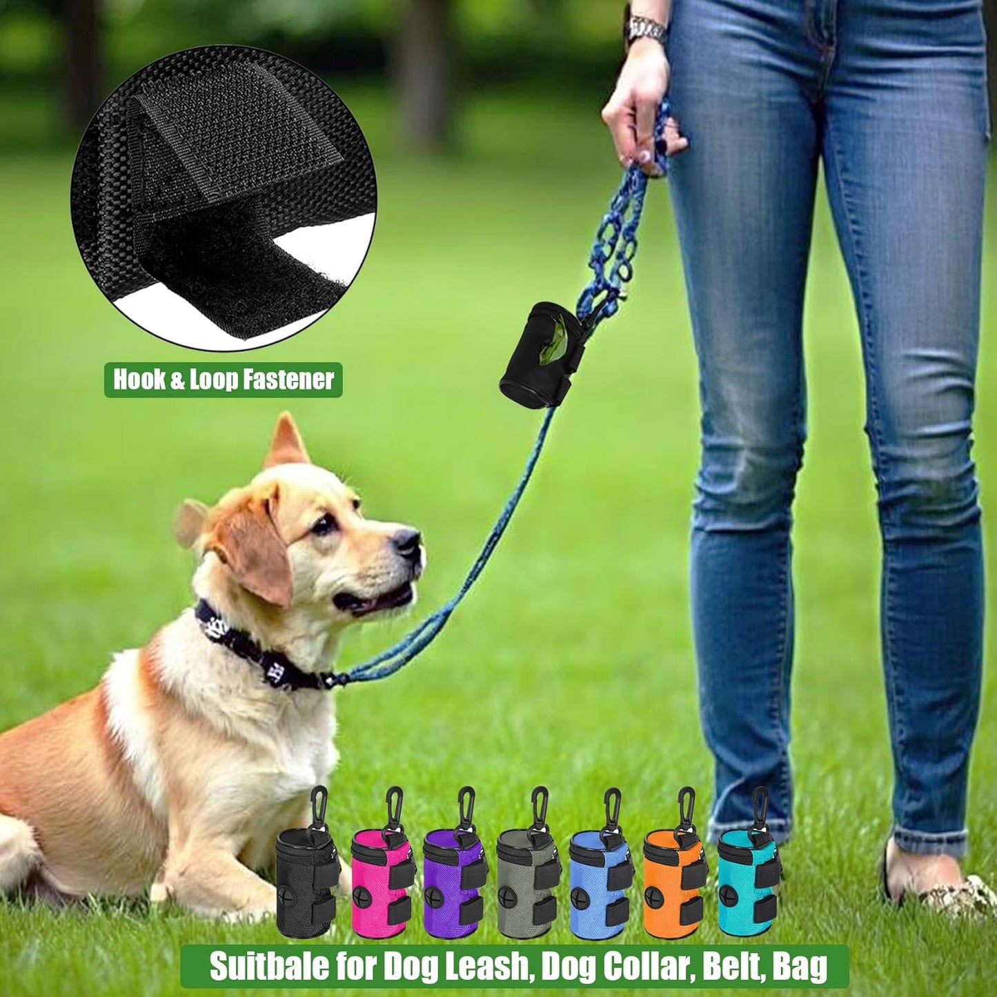 Dog Poop Bag Holder for Leash Attachment - Waste Bag Dispenser for Leash - Fits Any Dog Leash - Portable Set with Hand Free Holder Metal Carrier, Black Round Shape
