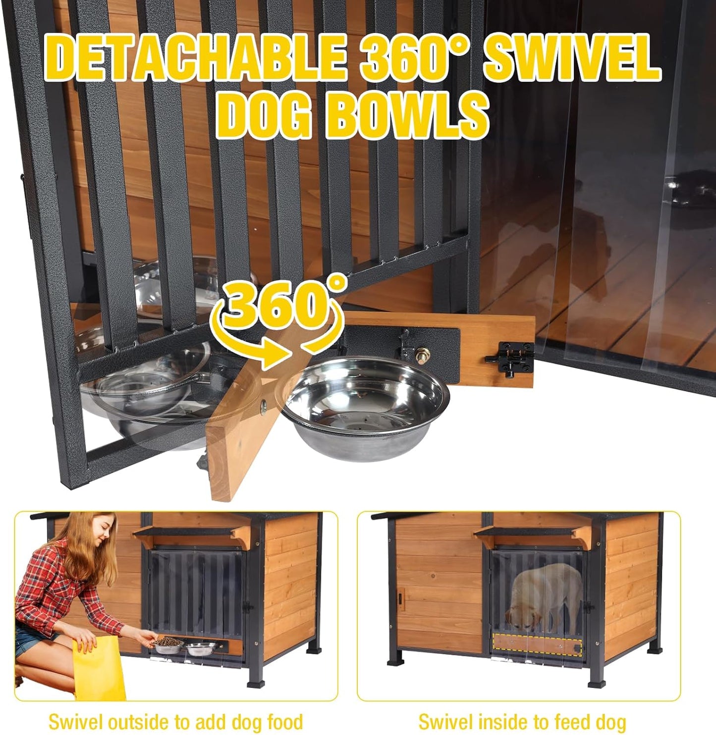Chew-Resistant Dog House with Metal Frame, Wooden Kennel for Indoor & Outdoor Use, Waterproof Roof & Feeding Bowls Included (Wood, L)