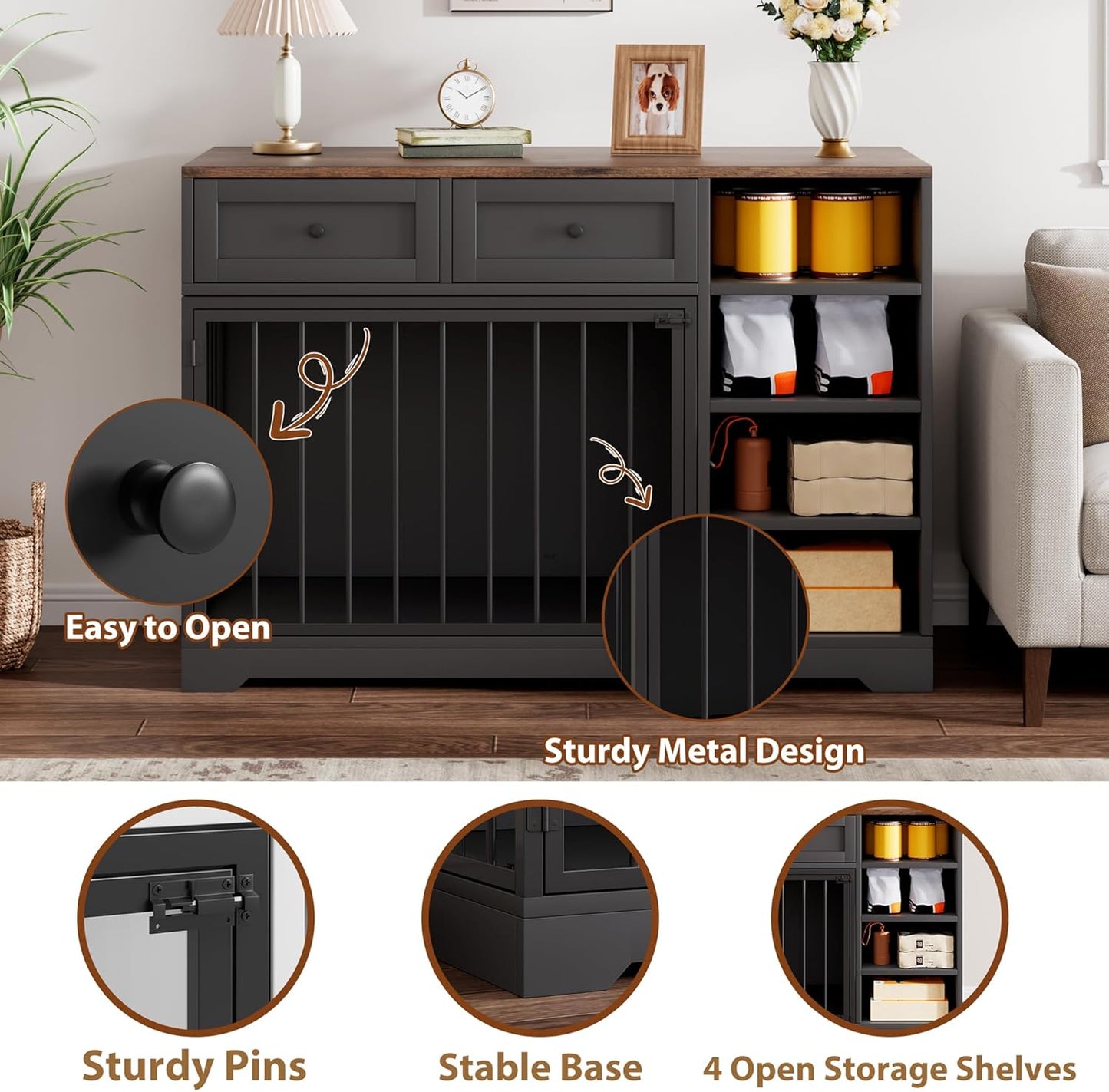 Dog Crate Furniture 47", Large Dog Crate TV Stand with 2 Drawers and 4 Shelves, Wooden Dog Kennel Indoor, Decorative Dog Cage with Storage for Large Dogs, Black