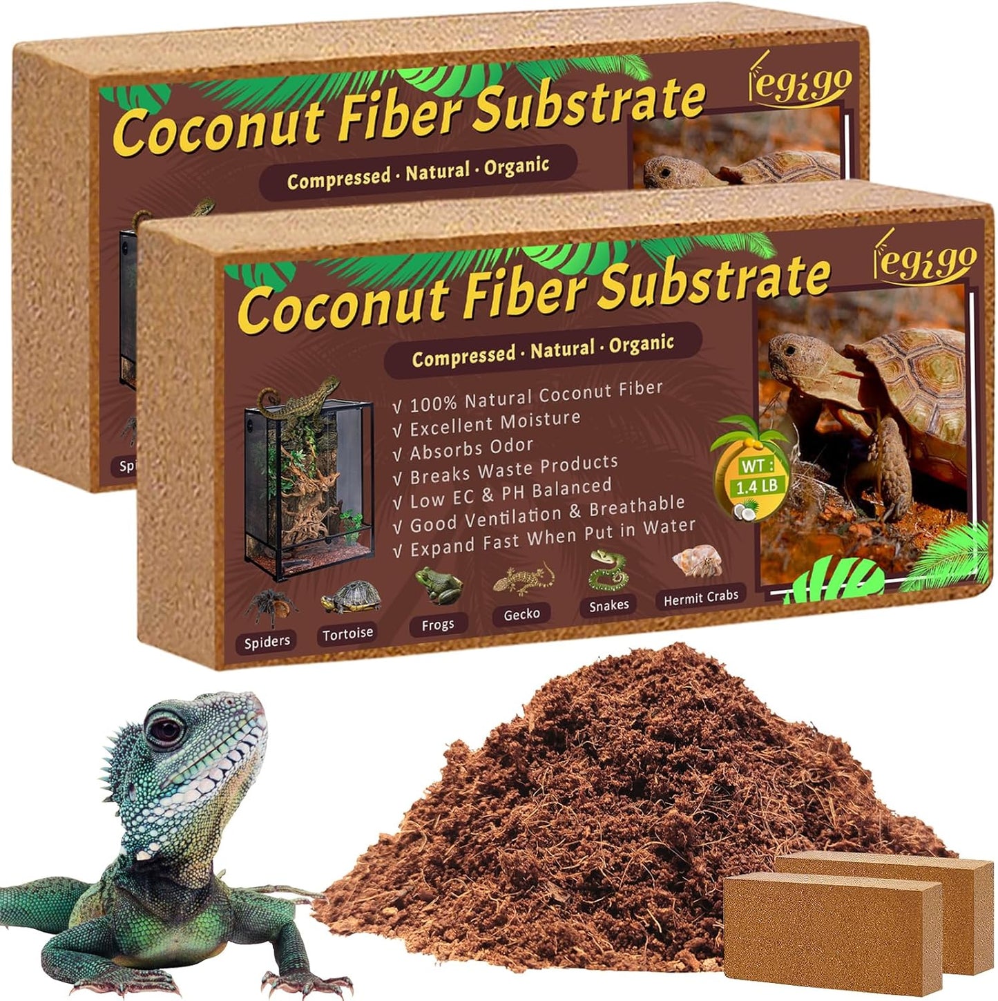 Legigo 2 Pack Compressed Coconut Fiber Substrate - 100% Organic Coconut Fiber Brick Bedding for Reptiles, Natural Coco Husk Substrate Terrarium Bedding for Snake, Hermit Crabs, Frogs, Tortoise, Gecko