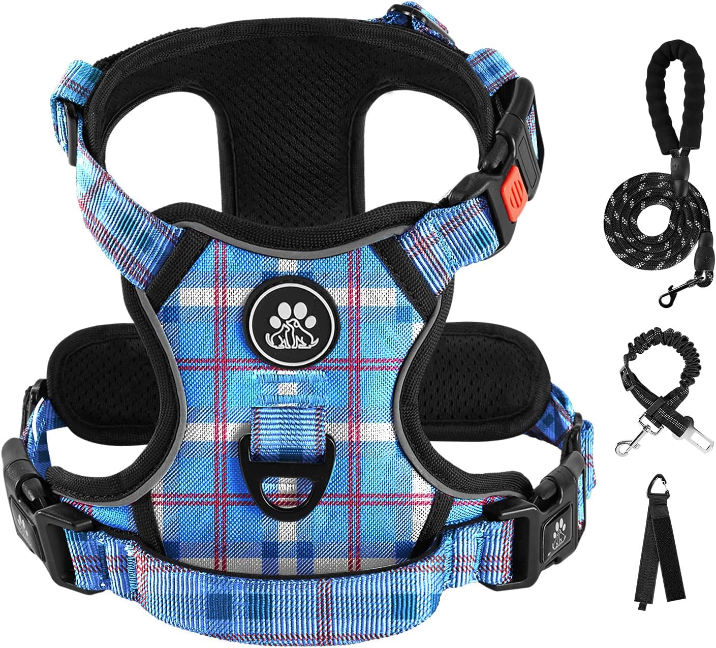 IVY&LANE No Pull Dog Harness with Leash Set, Reflective No Choke Pet Vest,Adjustable Oxford Dog Vest Harness with Easy Control Handle for Large Dogs (Checkered Blue,XL)