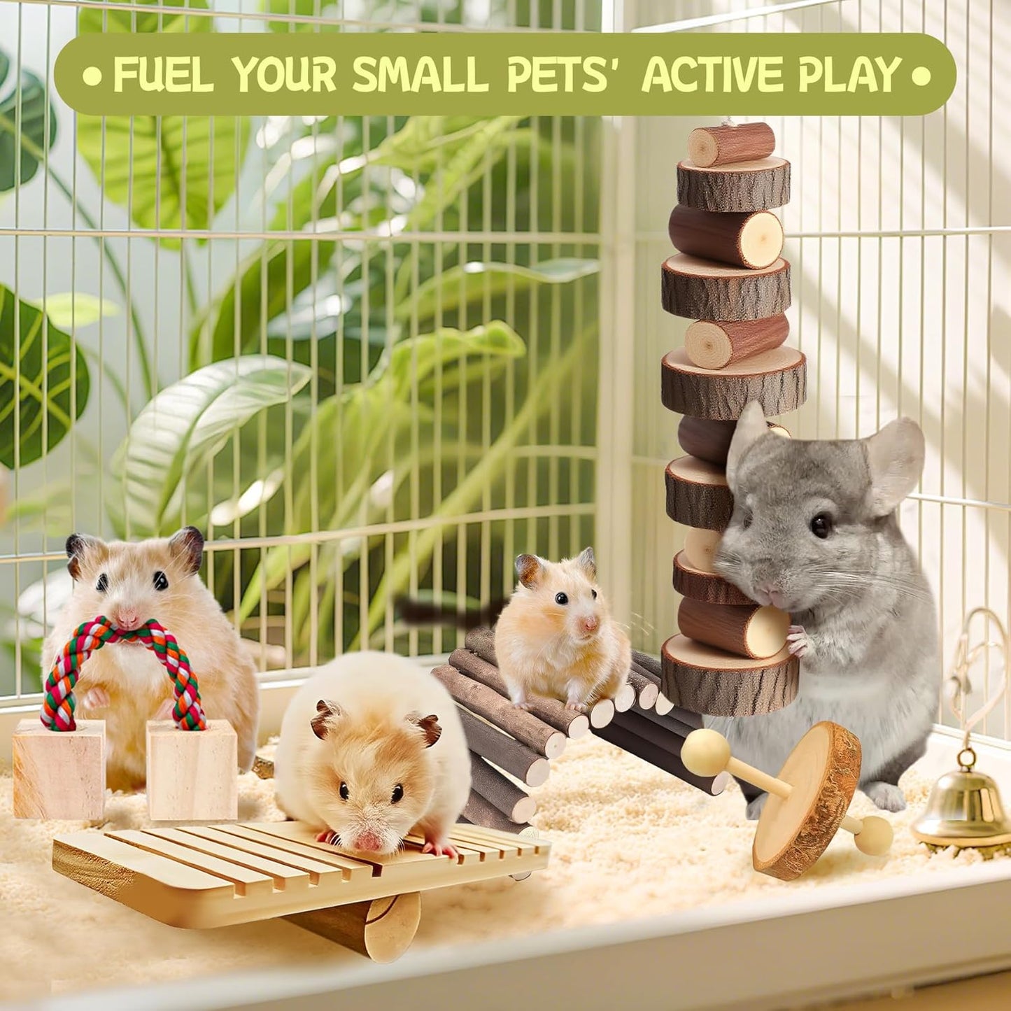 18 PCS Hamster Chew Toys Set, Natural Apple Wood Guinea Pig Toys, Hamster Cage Accessories Include Bridge, Seesaw, Carrot, Timothy Straw Stick Dental Care for Rat Gerbil Chinchilla Rabbits