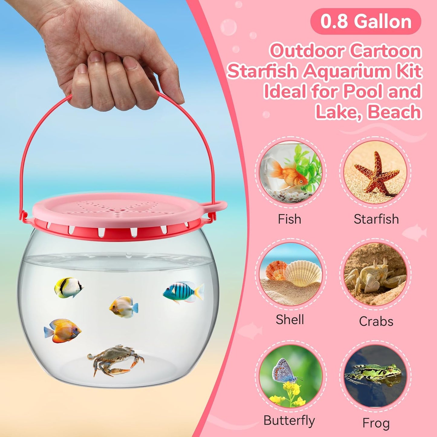 Saillong Catch and Release Plastic Small Bowl Kit, Portable Clear and Transparent Fish Bowl for Ocean Adventure, 0.8 Gallon Outdoor Cartoon Starfish Bucket Kit Ideal for Pool and Lake, Beach