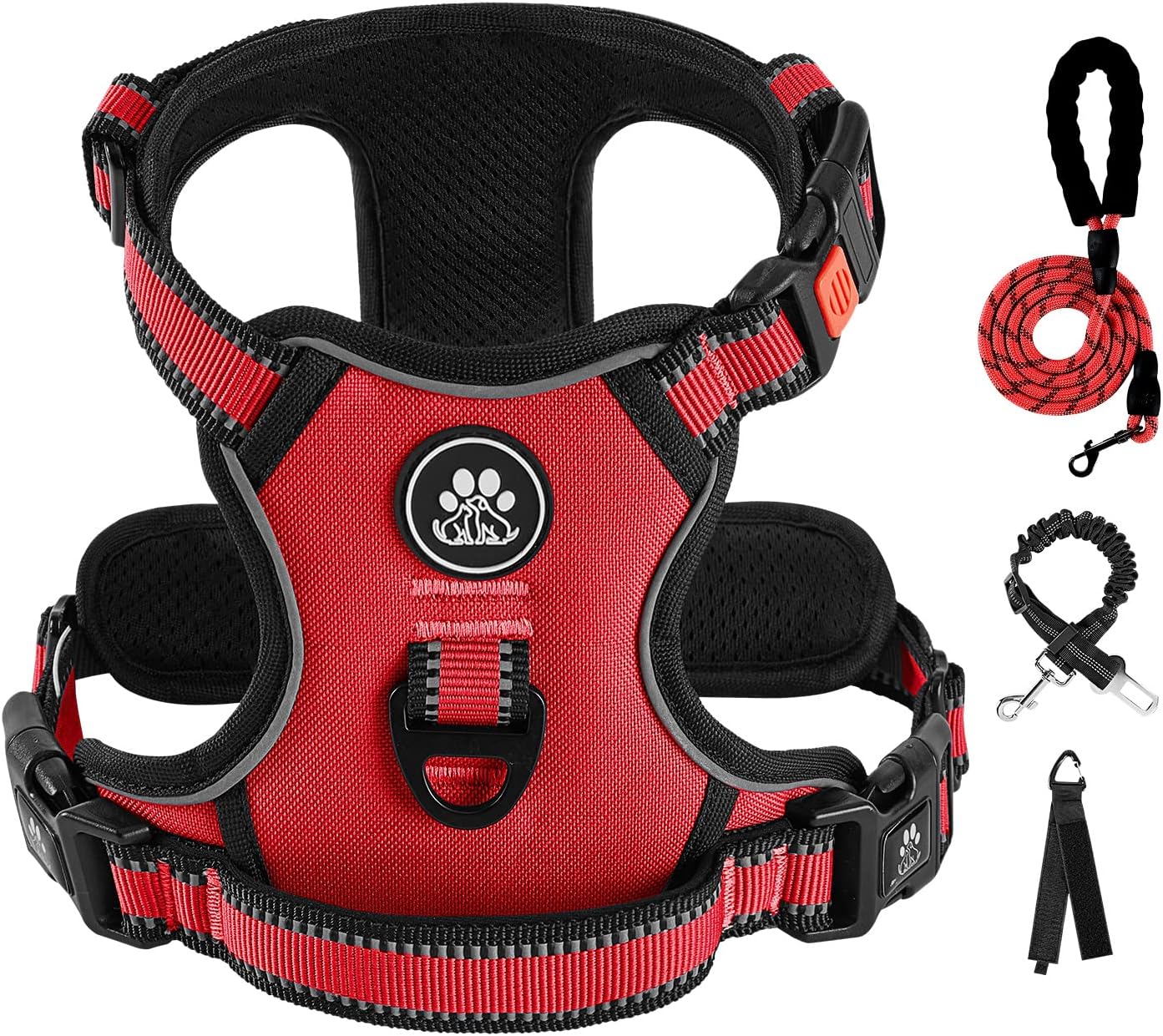 IVY&LANE No Pull Dog Harness for Small Dogs, Dog Vest Harness with Leash, Safety Belt and Storage Strap, Fully Adjustable, 360° Reflective Strip, Soft Handle (Red, S)
