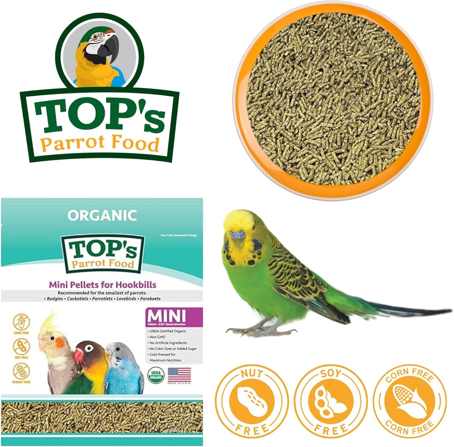 TOP's Parrot Food Mini Pellets Bird Food for Budgies, Cockatiels, Parrotlets, Lovebirds, Parakeets - Non-GMO, Peanut Soy & Corn Free, USDA Organic Certified - 4LBS