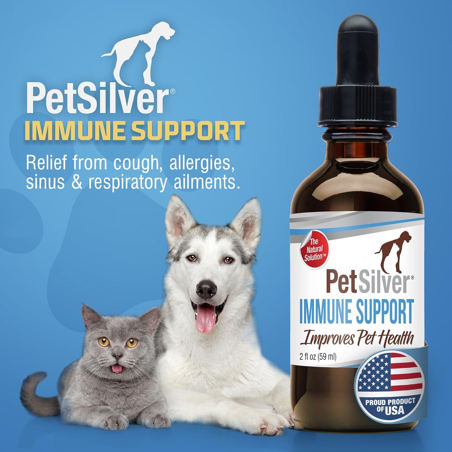 PetSilver Immune Support - Promotes Respiratory Health in Cats & Dogs, Sinus & Kennel Cough Treatment, Natural Antibiotic, Allergy Relief, Chelated Silver Formula, Easy-to-Use Dropper, USA - 2 fl oz