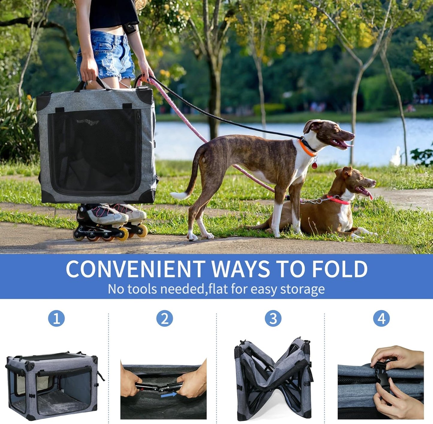 NEZUC Soft Collapsible Dog Crate - 24 Inch Portable Soft Sided Travel Dog Crates for Small Dogs, 4-Door Foldable Dog Carrier, Pet Kennel Indoor & Outdoor (Gray, 24.0" L x 17.0" W x 17.0" H)