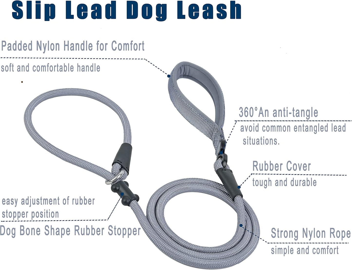 Slip Lead Dog Leash，Strong Nylon Rope Leash and Padded Handle,No Pull Outdoor Walking Training Lead for Small Medium Large Dogs(Grey, 1/2"×6ft)