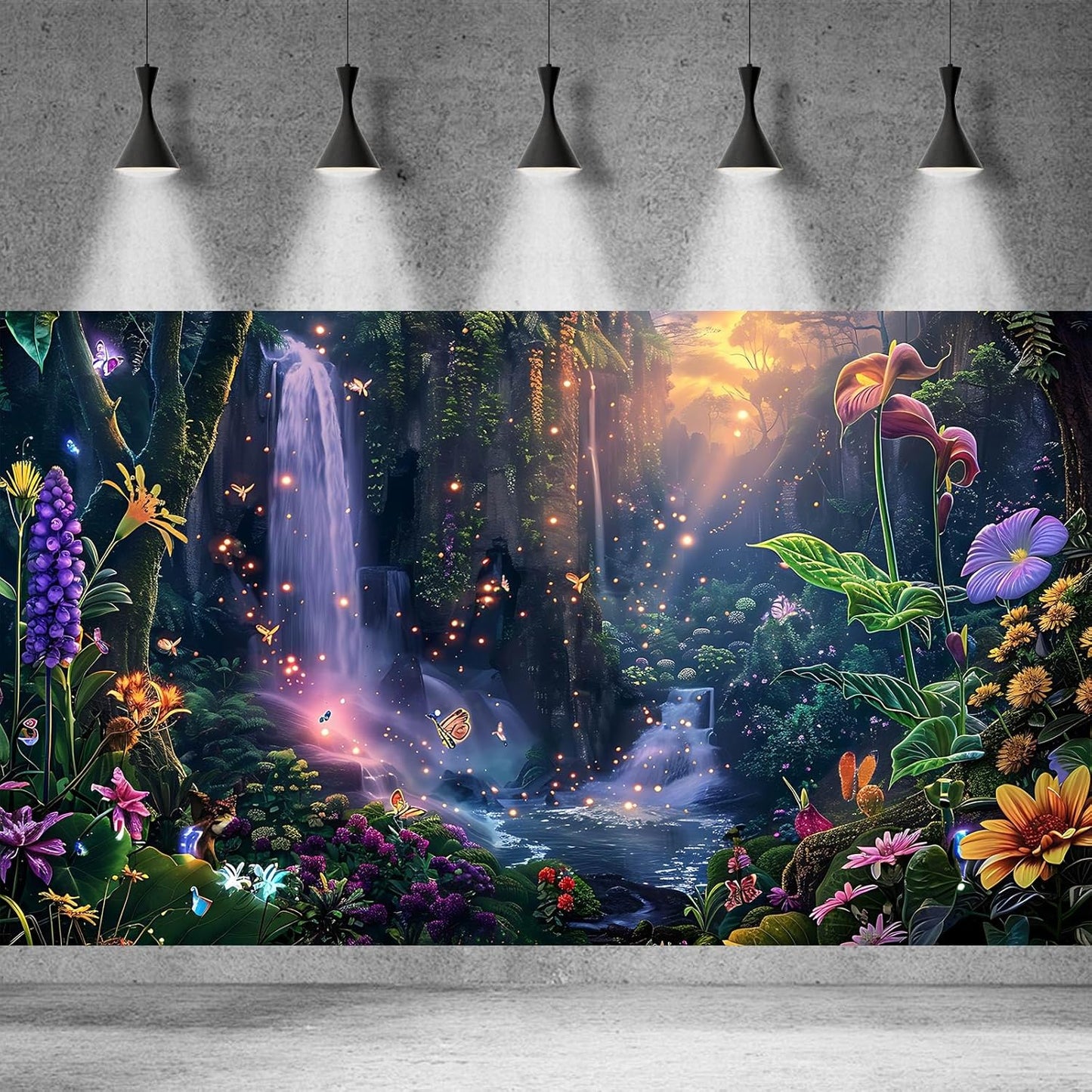 Fantasy Garden Aquarium Background Sunset Waterfall and Flowers Terrarium Backdrop Tropical Forest Lush Plant Magic Butterfly Lights Flowers Fish Tank Background Poster Decorations 72x16in