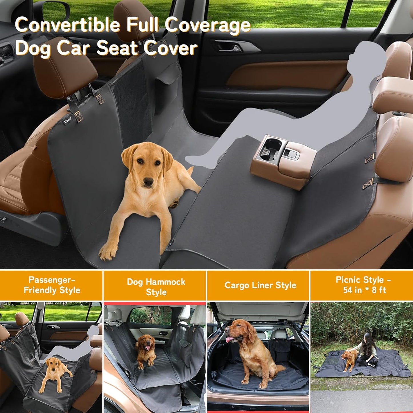 Full-Coverage Dog Seat Cover for Back Seat, 600D Ripstop Dog Hammock for Car,100% Waterproof CarSeat Protector, Suv Cargo Liner for Dogs, Armrest&Child Car Seat Accessible,Install Once,Stay Put