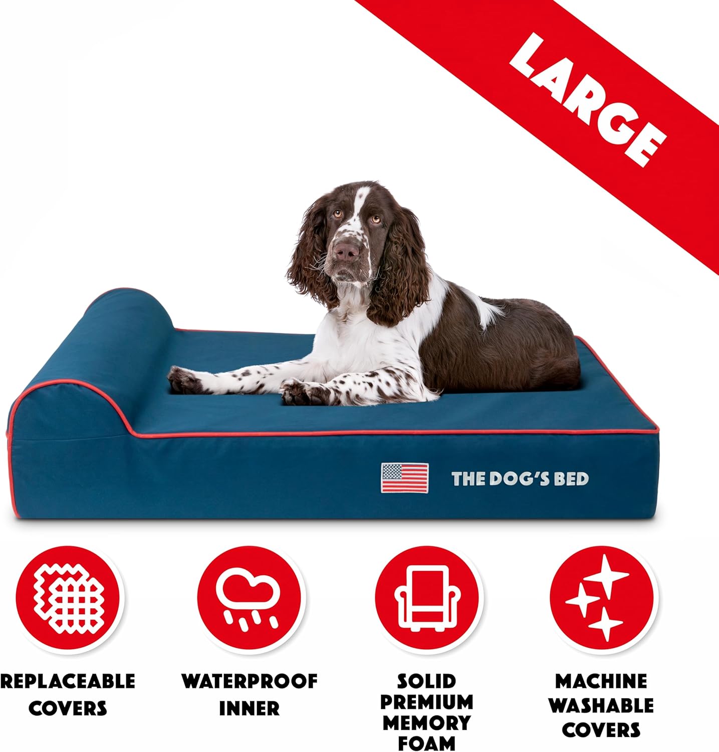 The Dog’s Bed Orthopedic Headrest Dog Bed Large Blue Oxford with Red Trim US Flag Dog Bed 40x25, Memory Foam, Hip & Elbow Dysplasia, Lameness, Veterinary Approved, Waterproof Washable Cover