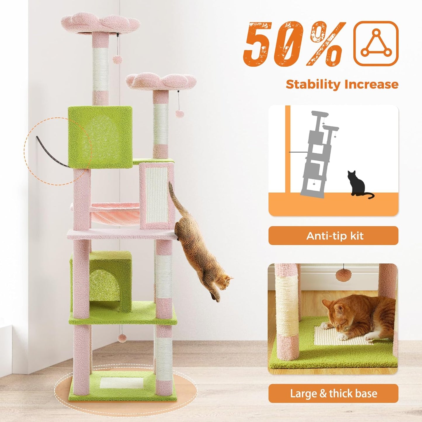PAWZ Road 70 Inch Cat Tower, Pink Cat Tree with 2 Cozy Condos, 2 Plush Perch, Large Basket, 2 Scraching Pad & 6 Scraching Posts for Indoor Cats Large Adult