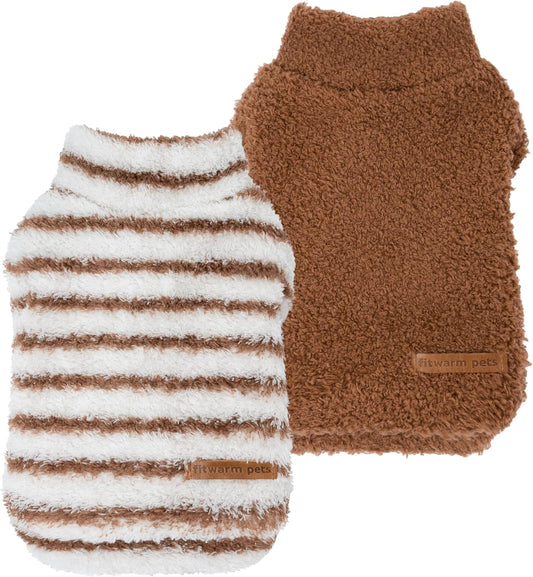 Fitwarm 2 Pack Striped Fleece Dog Sweater, Warm Winter Clothes for Small Dogs Boy Girl, Fuzzy Pet Outfit, White, Brown, XL