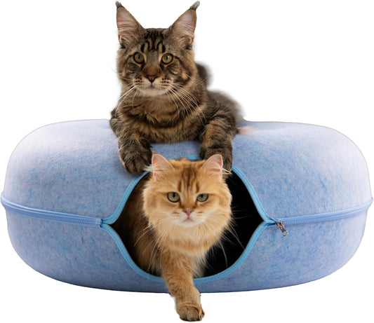 Cattasaurus Peekaboo Cat Cave for Multiple & Large Cats Up to 30-45 Lbs, Scratch Detachable & Washable Tunnel Bed, Comfy Donut Cat Cave (Blue, Jumbo)