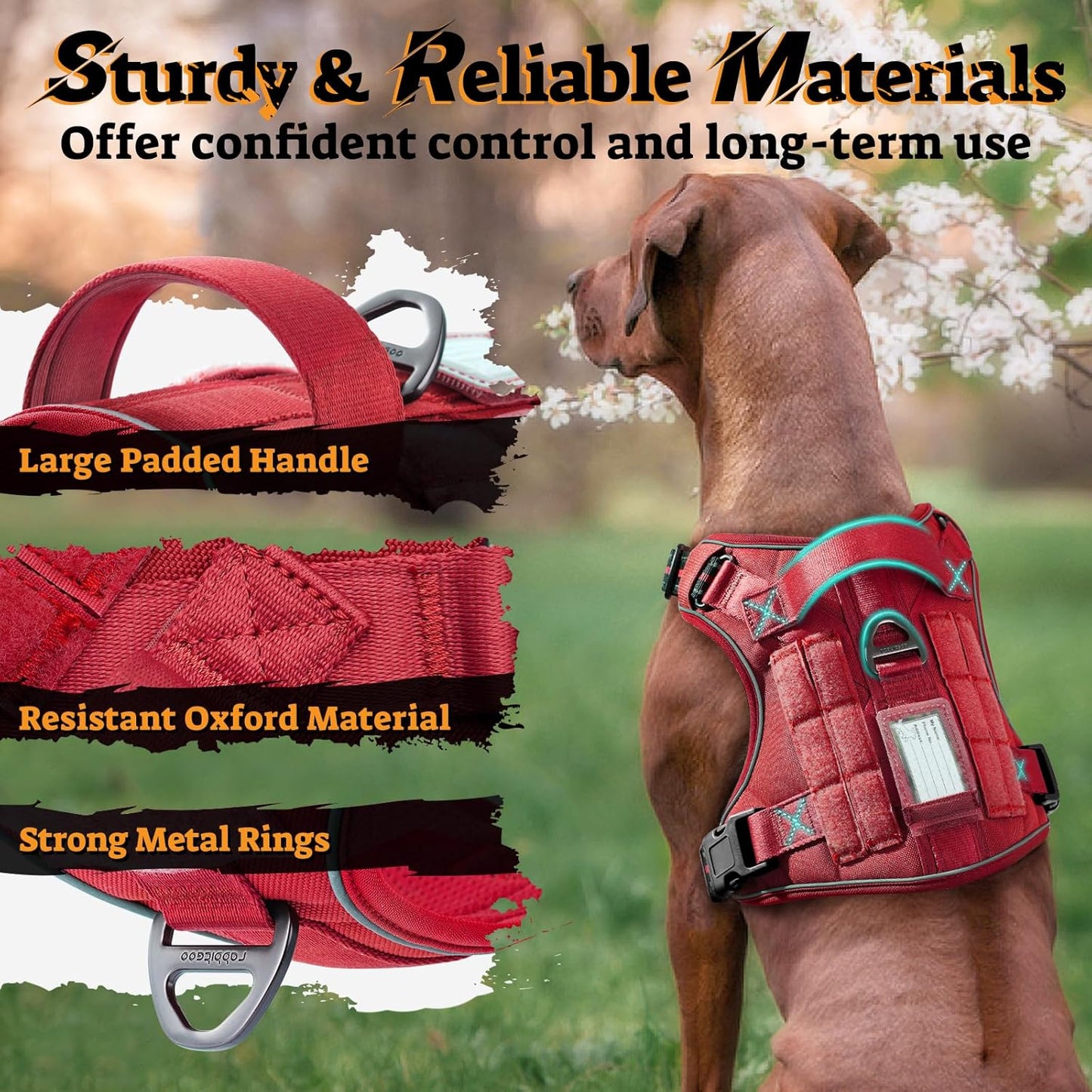 rabbitgoo Dog Harness for Large Dogs No Pull, Tactical Service Pet Vest with Molle and Control Handle, Adjustable and Reflective Military Harness for Easy Walking and Training, Red, L