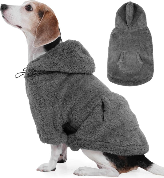 IDOMIK Fuzzy Dog Sweater with Adjustable Hood, Warm Fleece Dog Sweater Hoodie with Harness Hole & Pocket, Pullover Sweaters for Large Dogs, Fuzzy Hooded Sweatshirt for Fall Winter Christmas,Grey,XL