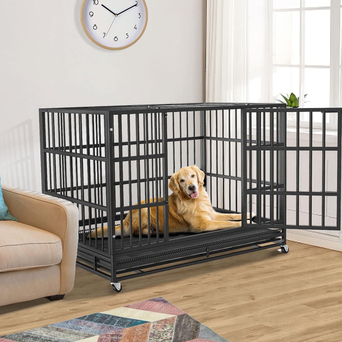 54/48/42/38 Inch Heavy Duty Dog Crate Cage with Wheels, Indestructible and Escape Proof Steel Kennel Indoor for High Anxiety Dogs with Sturdy Locks, Double Door and Tray, Extra Large XL XXL