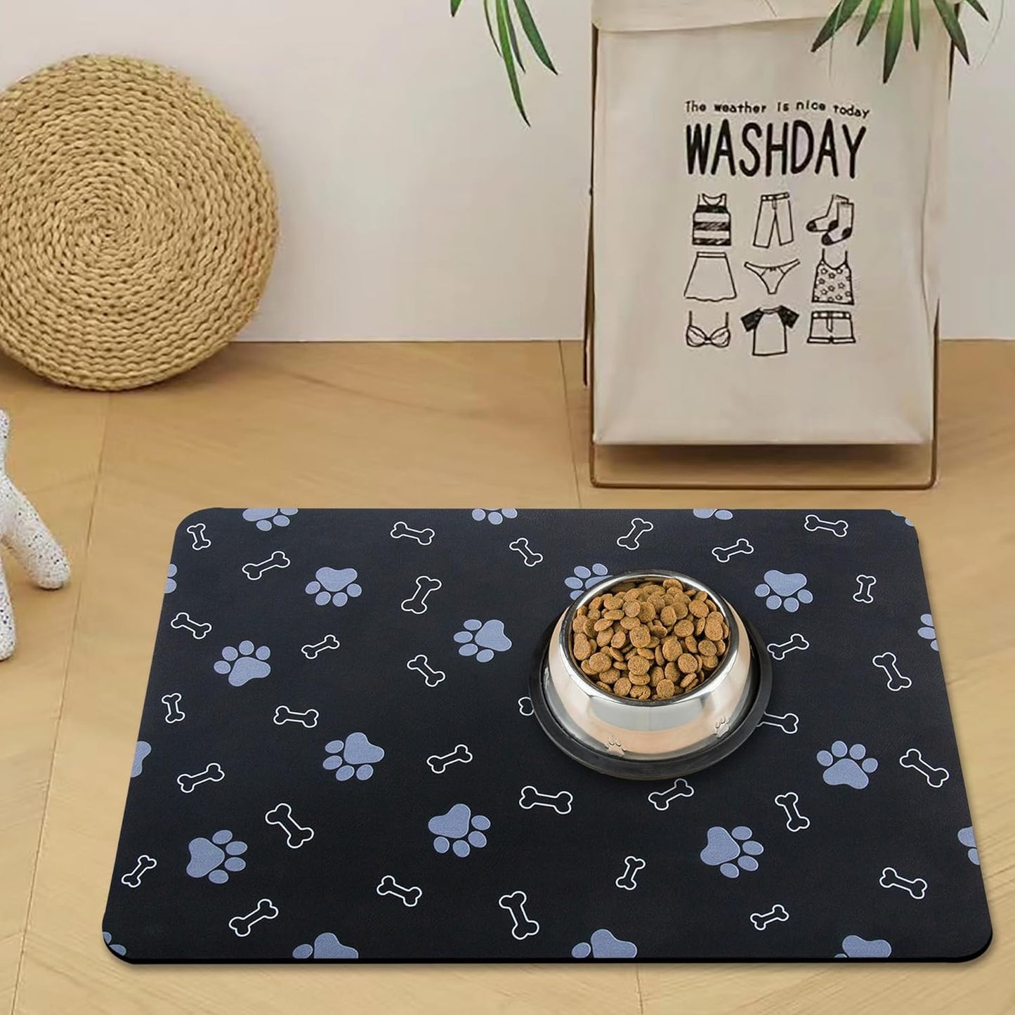 Pet Cat Dog Food Mat Non Slip Mat for Dog Water Bowl Mat Quick Dry Absorbent Cat Feeding Mat, 32 * 17 in, Black