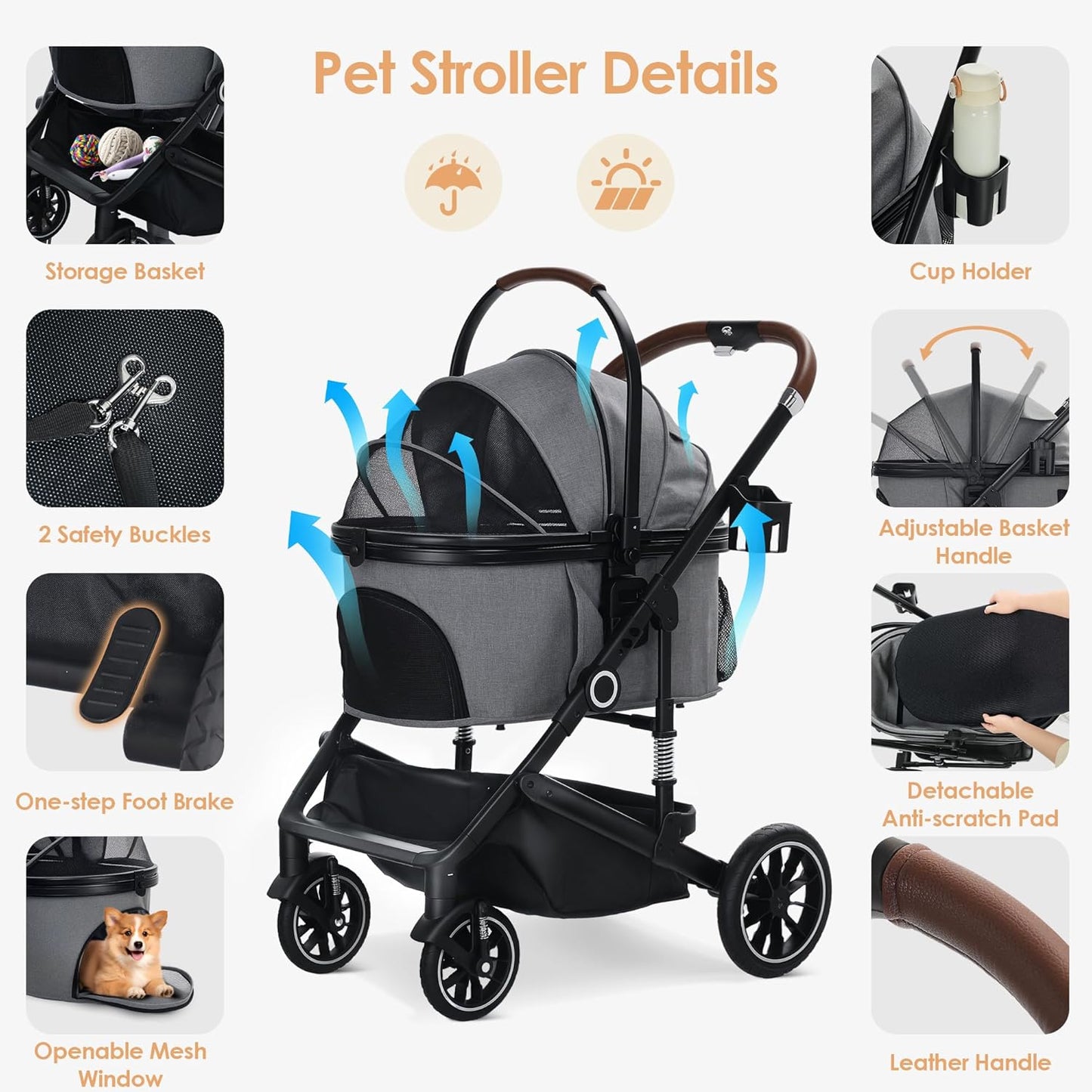 Pet Stroller with 4 Wheels, 3 in 1 Folding Puppy Strollers for Small/Medium Dogs Cats up to 50lbs, Lightweight Pet Travel Carrier with Detachable Cushion, Storage Basket and Cup Holder, Gray
