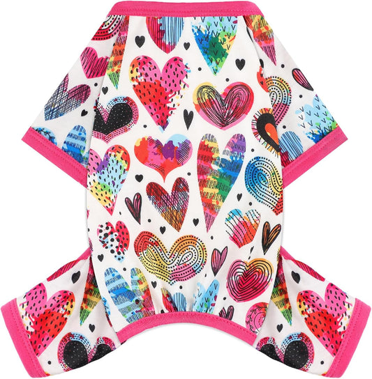 Dog Pajamas Small Sized Dogs Stretchable Summer Dog Clothes Pjs 4 Legs Girl Boy Cute Soft Puppy Outfits Doggie Cat Jammies Jumpsuit Sleeper for Pet (Love Heart, Medium)
