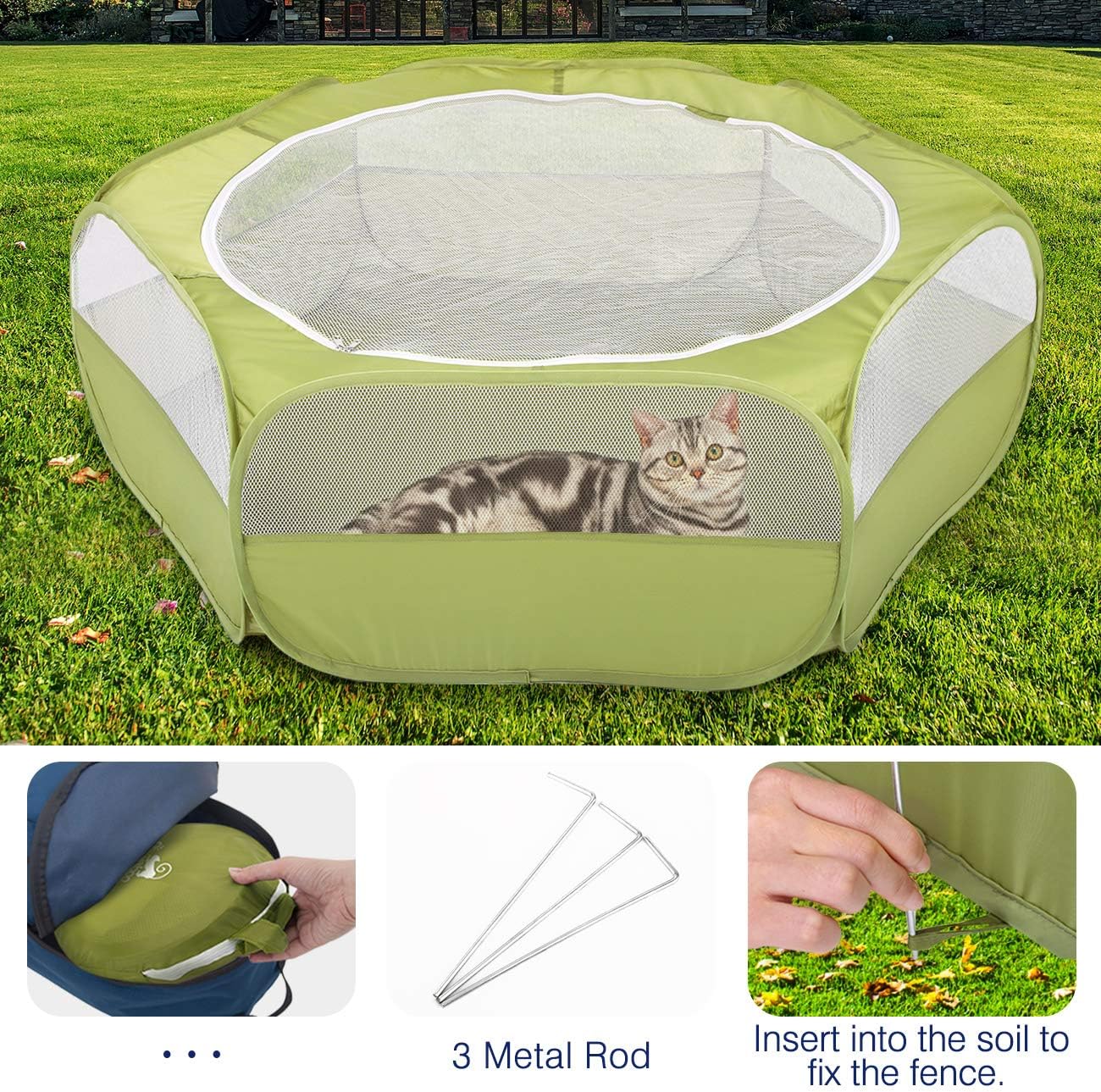 Pawaboo Small Animals Playpen, Waterproof Small Pet Cage Tent with Zippered Cover, Portable Outdoor Yard Fence with 3 Metal Rod for Chick/Kitten/Puppy/Guinea Pig/Rabbits/Hamster/Chinchillas,Green