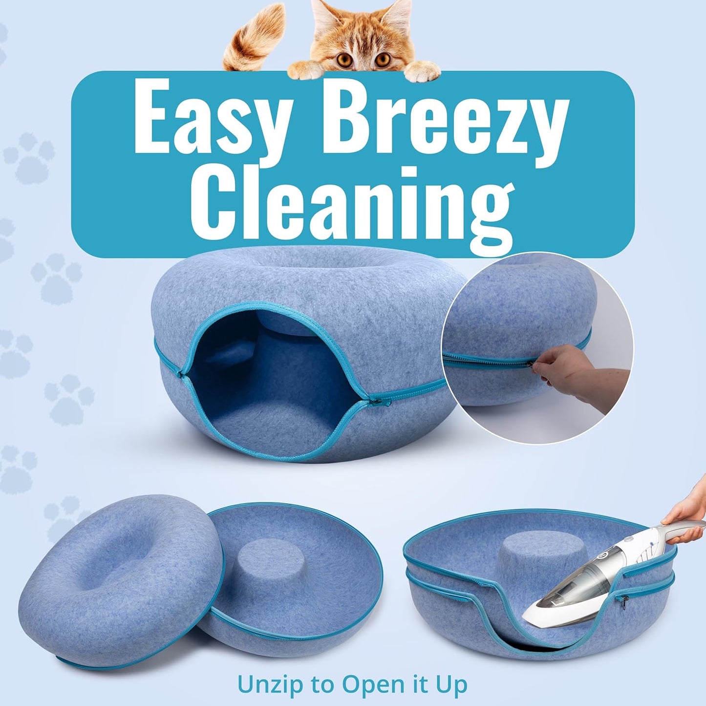 Okoco Cat Tunnel Bed for Indoor Cats Large, 24" Peekaboo Cat Cave Donut Bed for Pets up to 45lbs, 2-in-1 Round Tube with Hanging Ball Toy & Removable Machine Washable Parts (Light Blue)