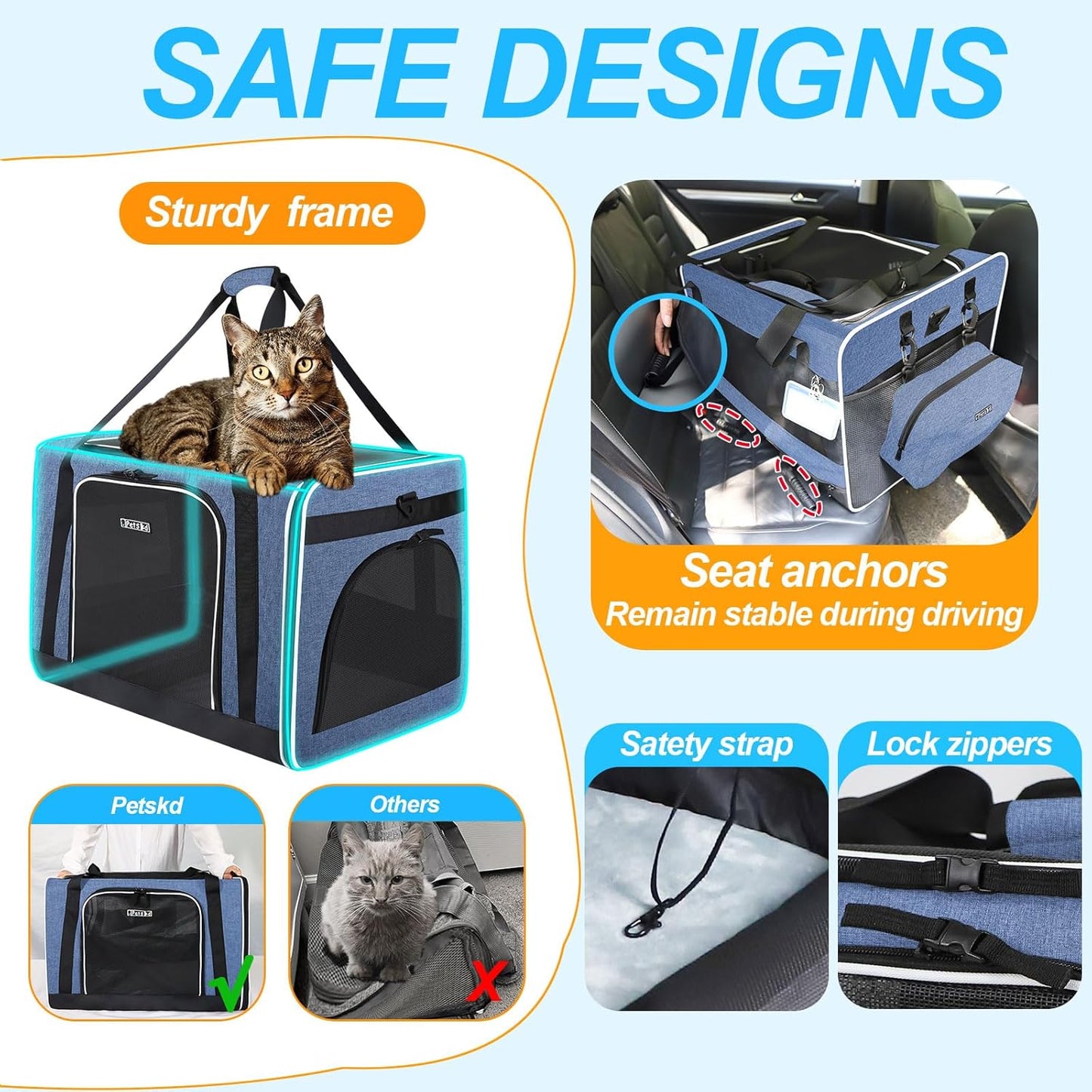 Petskd Extra Large Cat Carrier with Litter Box 24"x17"x17" for Medium Large Cat or 2 Small Cats, Collapsible Soft Sided Pet Carrier for Car Travel with Lockable Safety Zippers(Blue)