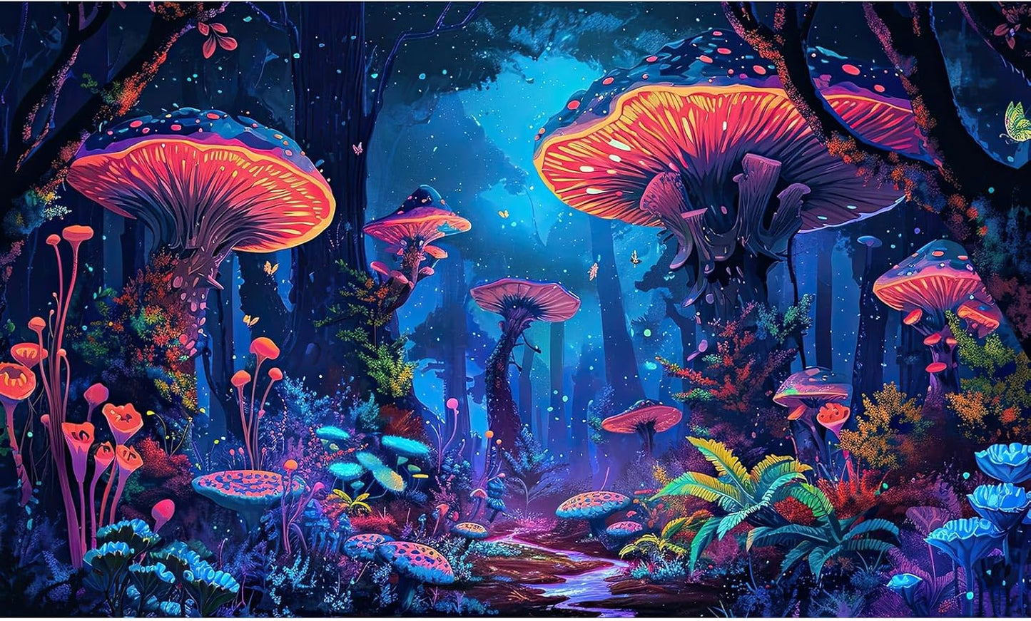 Mushrooms Aquarium Background Fantasy Bright Flowers Butterflies Fish Tank Backdrop Decoration Poster Trippy Wonderland Landscape with Giant Mystical Mushrooms Terrarium Background Decor 30x18in