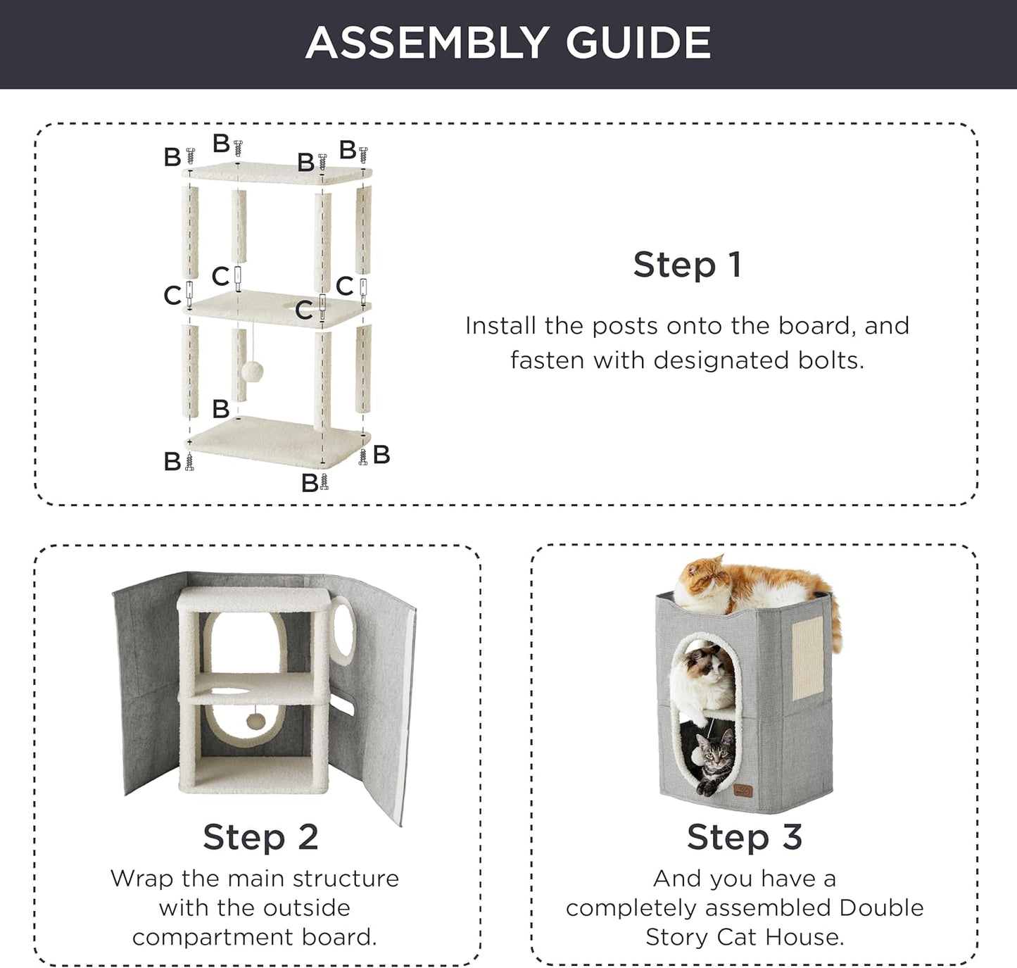 Bedsure 2 Story Cat House - Cat Condos for Indoor Cats with Scratch Pad and Fluffy Ball Hanging, Small Pet Cave Furniture Hideaway for Multi Pets, 18x14x23 inches, Grey