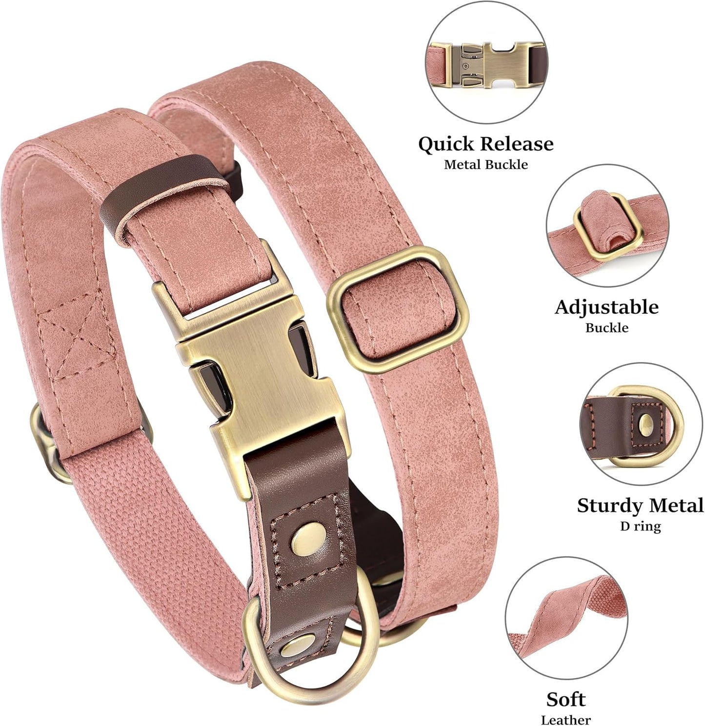Didog Soft PU Leather Dog Collars for Small Dogs,Classic Adjustable Dog Collars with Quick Release Metal Buckle,Easy Clean and Comfortable with Nylon Lining,Pink,S Neck 10-15"