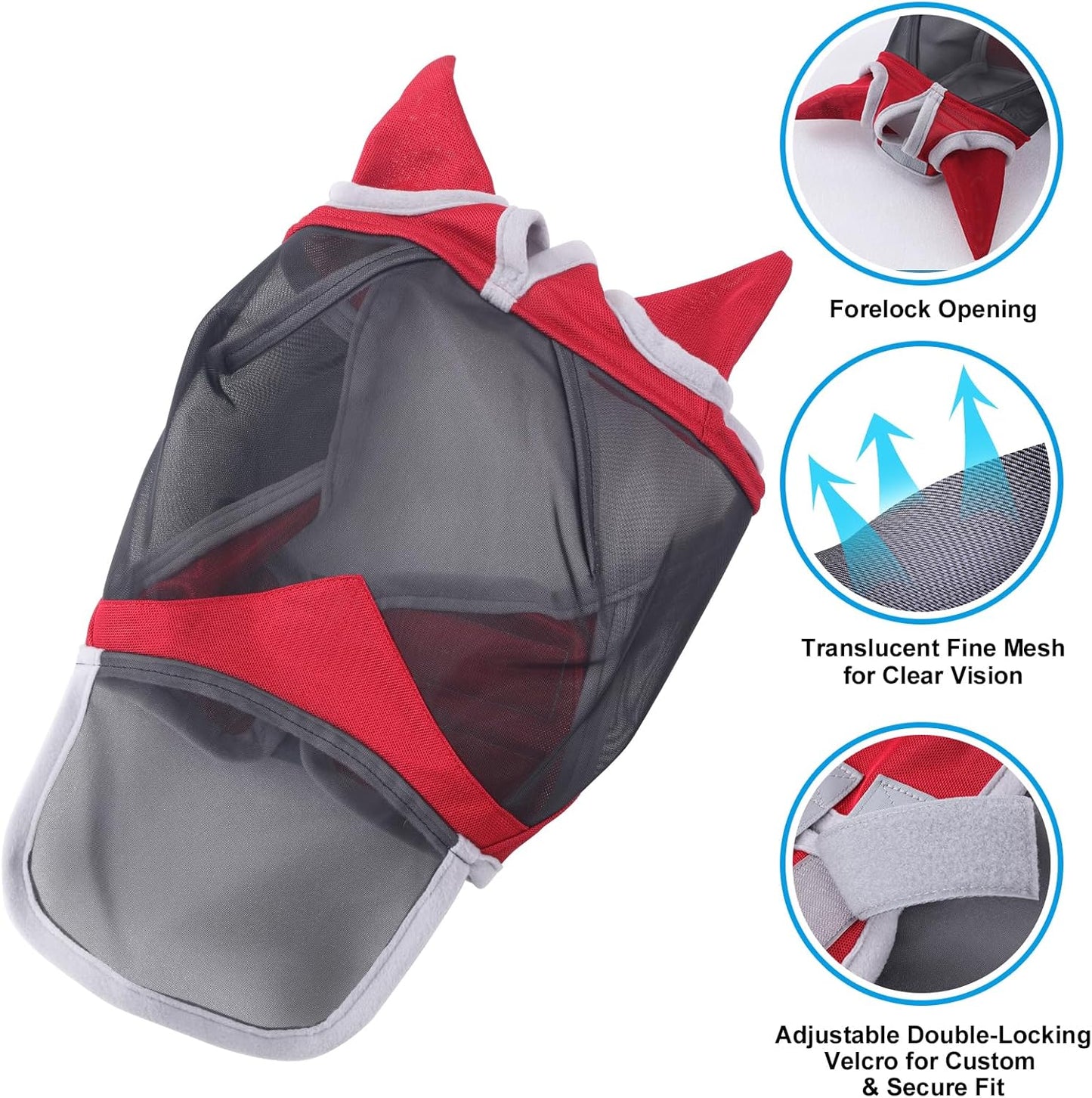 Horse Fly Mask with Ears & Long Nose Cover | Forelock Opening for Tangle-Free Mane Care | UV Protection & Breathable Mesh | No Rub Fit and Enhanced Visbility for Trail Riding Red Full