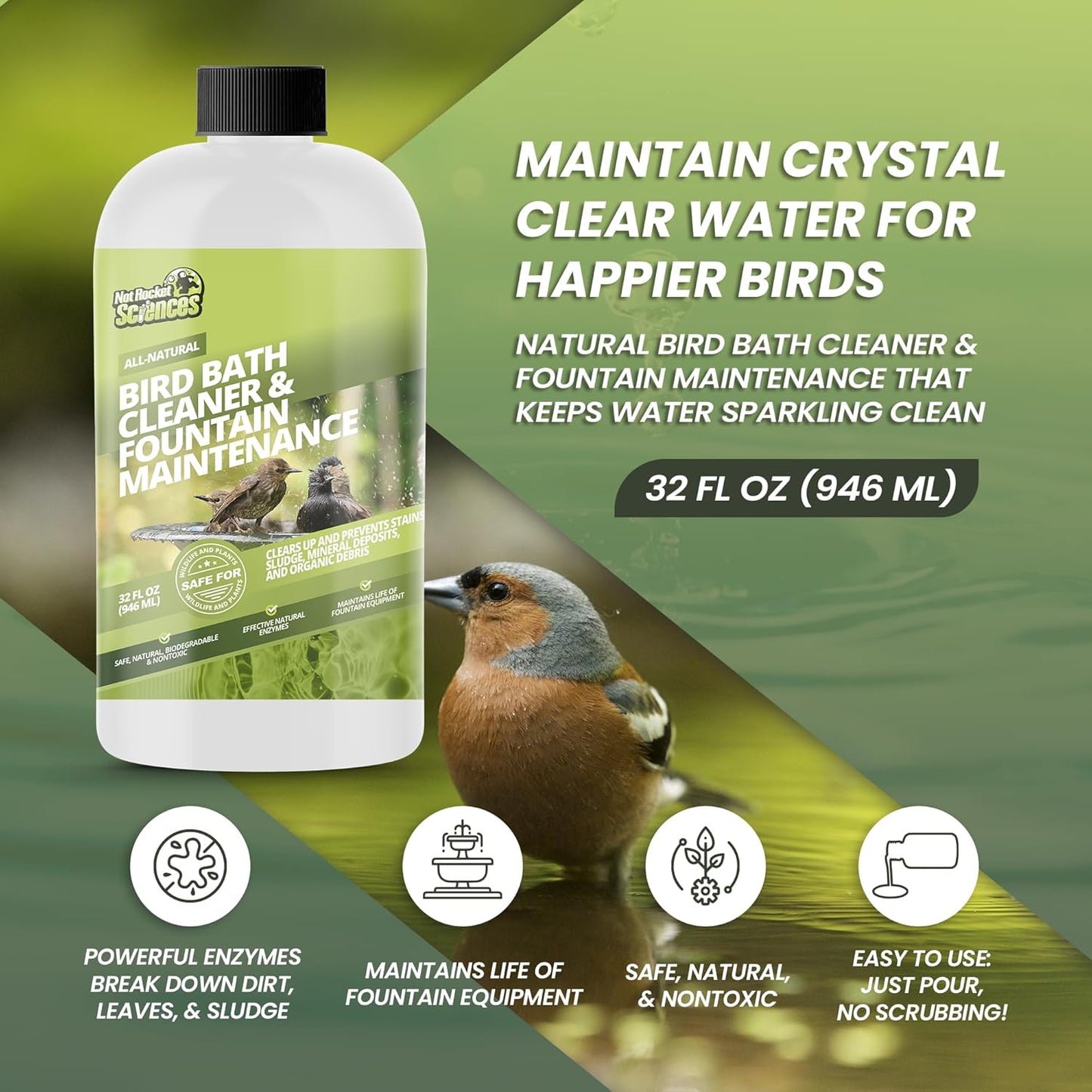 32oz Bird Bath Cleaner, Cleans 160 Gallons of Water, Ideal Fountain Cleaner Safe for Birds, Bird Bath Fountains Clarifier, Liquid Birdbath and Fountain Maintenance, Promotes Clean & Clear Water