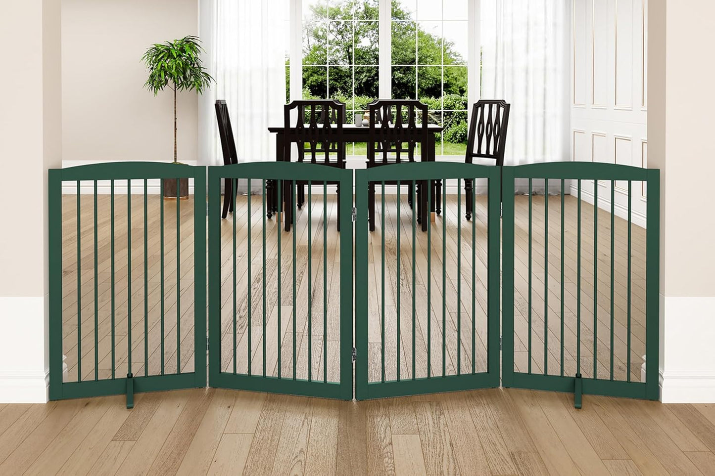 Freestanding Pet Gate for Dogs, Indoor Wooden Dog Gate for House, Foldable Dog Gate for Doorway, Stair, Step Over Pet Puppy Safety Fence Tall, 80 Inch Wide, 4 Panels 32", Green