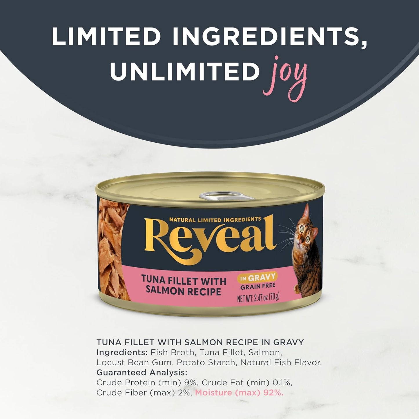 Reveal - Grain Free | Wet Canned Cat Food | 2.47oz - 24 Pack - Premium Nutrition, 100% Natural, No Additives, and Limited Ingredients (Tuna with Salmon in Gravy)