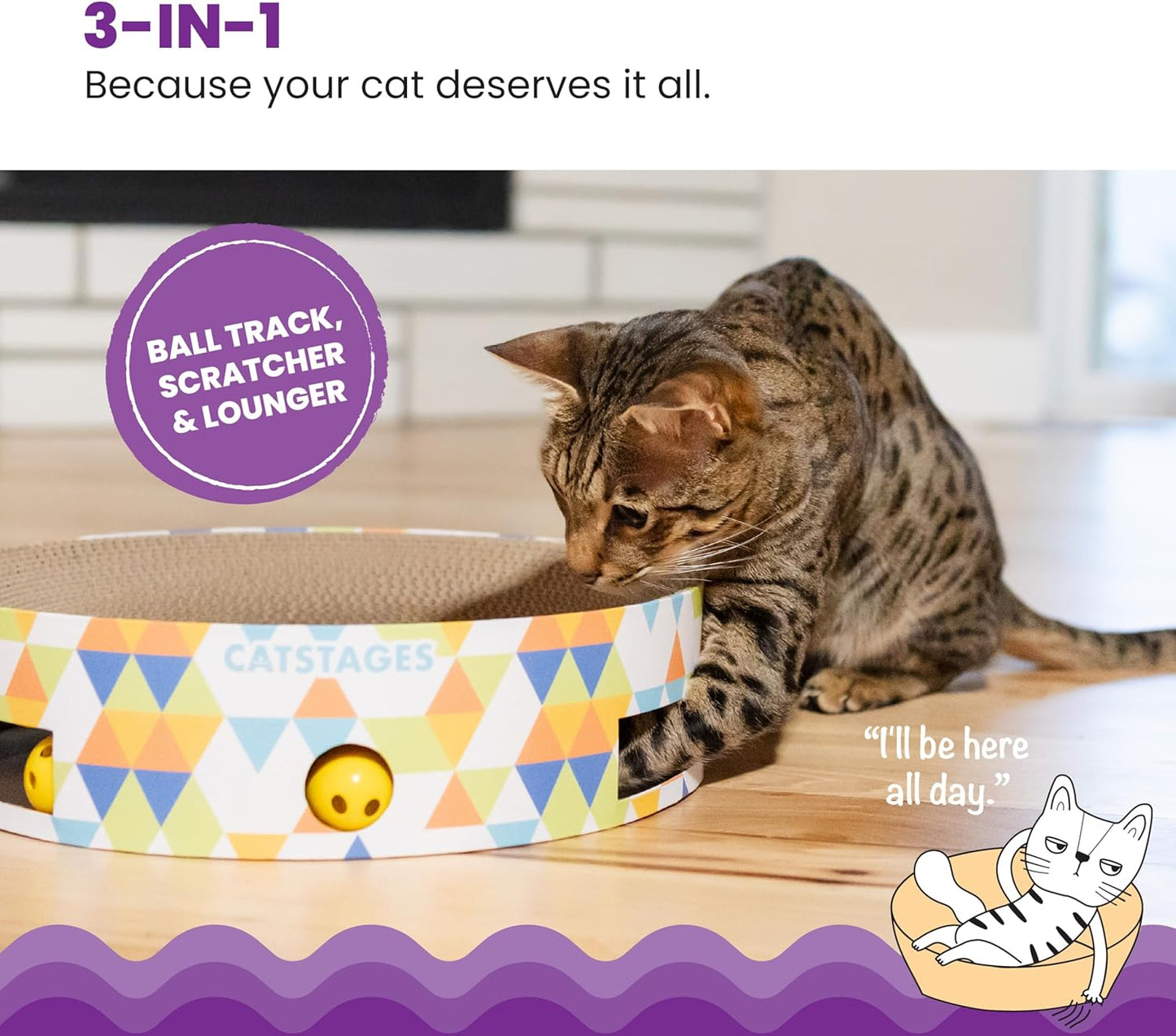 Catstages Bowl Track Scratcher Cat Ball-Track Toy, Corrugated Scratch, and Lounger All-in-One, Two Balls Included for Interactive Play, Multicolored