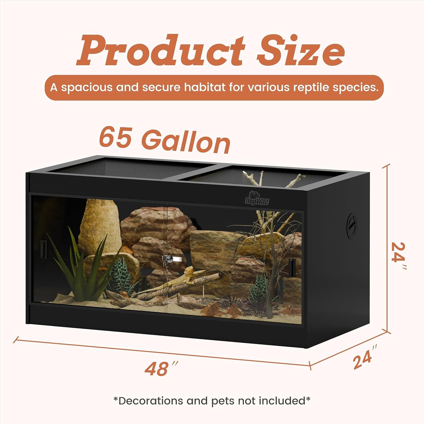 4x2x2 (120 Gallon) PVC Reptile Enclosure, RepWild Terrarium/Tank with Heavy-Duty Screen Top, Glass Sliding Doors & Lock for Bearded Dragons, Ball Python, Geckos, Lizards