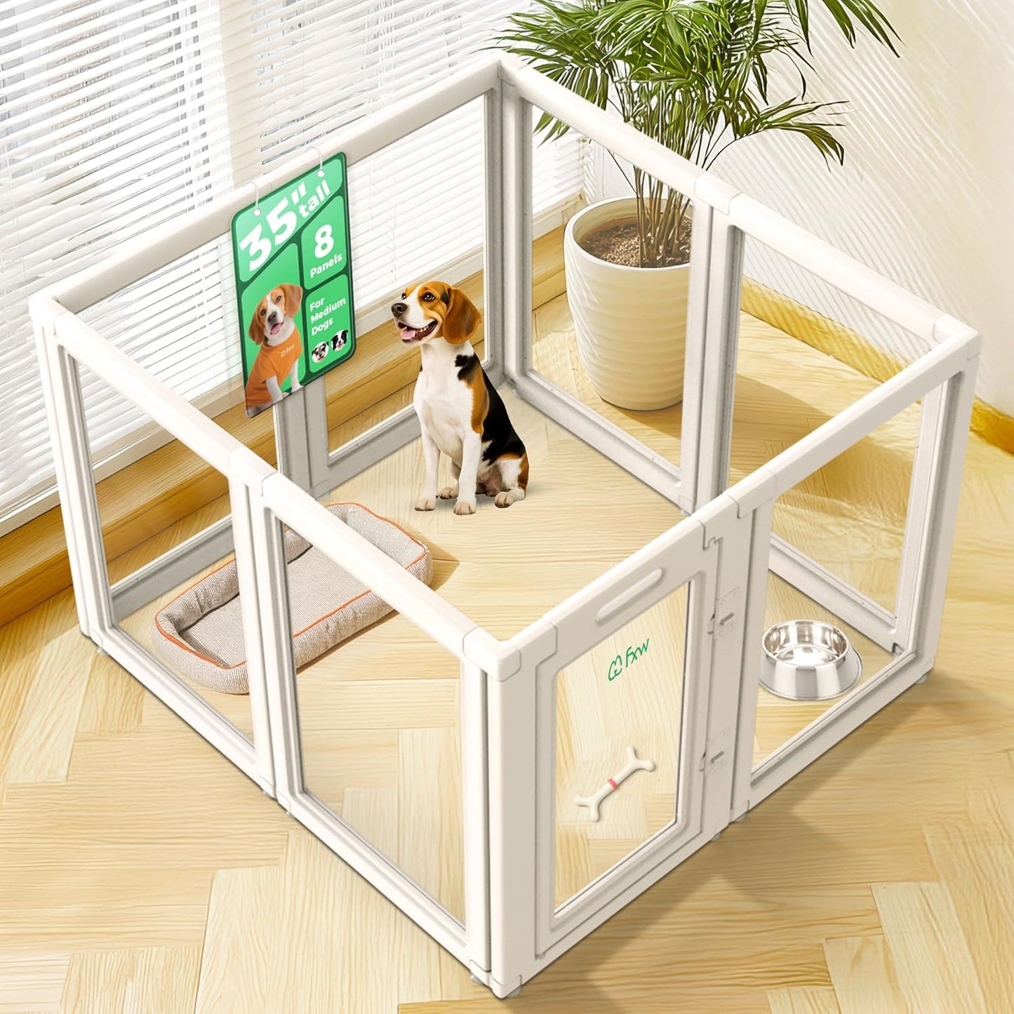 FXW AuraSpace Acrylic Indoor Unleashed Dog Playpen for Medium Dogs, 35 Inch, 8 Panels, White
